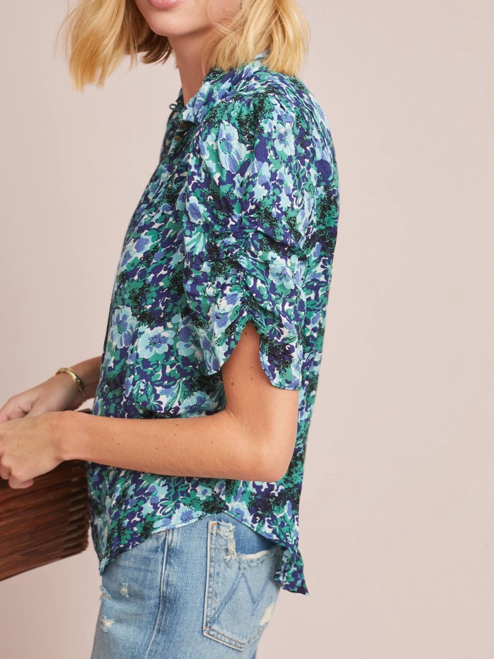 Maka Printed Top Blue-Green Floral Puff-Sleeve Blouse